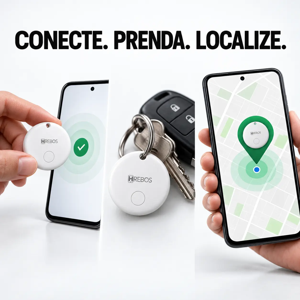 Três etapas de uso: conectar a tag ao celular, prender no molho de chaves e localizar pelo mapa
