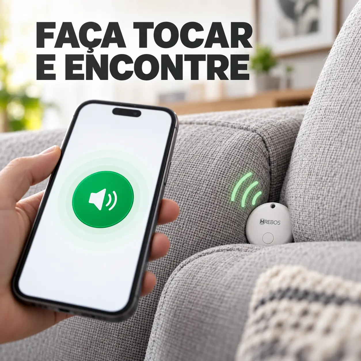 Celular acionando o alerta sonoro da tag escondida entre as almofadas do sofá